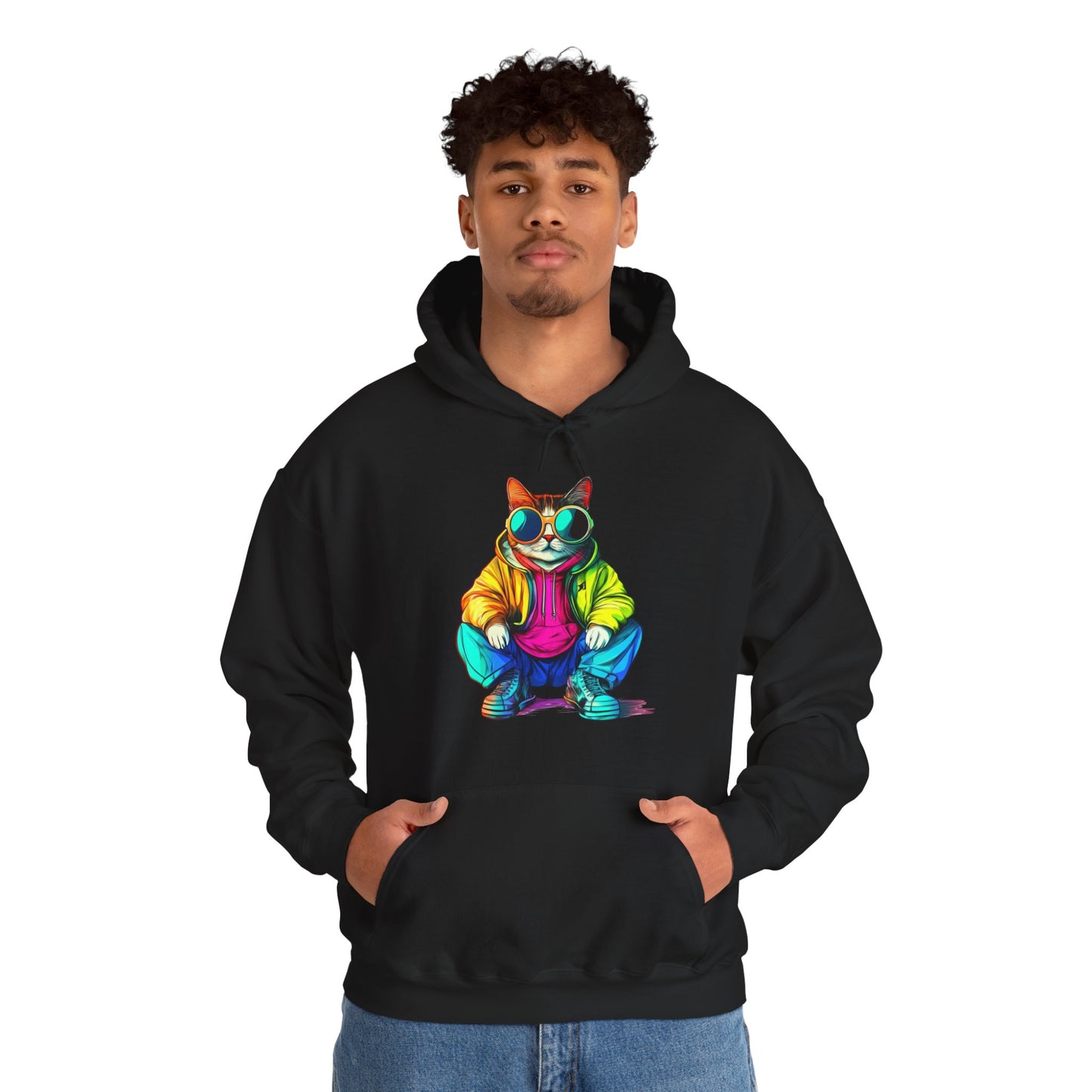 Colorful Retro Cat Hoodie — Vibrant Sunglasses Cat Pullover