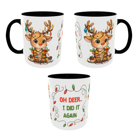 Oh Deer I Did It Again – Cute Christmas Reindeer Mug, Holiday Lights Coffee Cup (11oz/15oz)