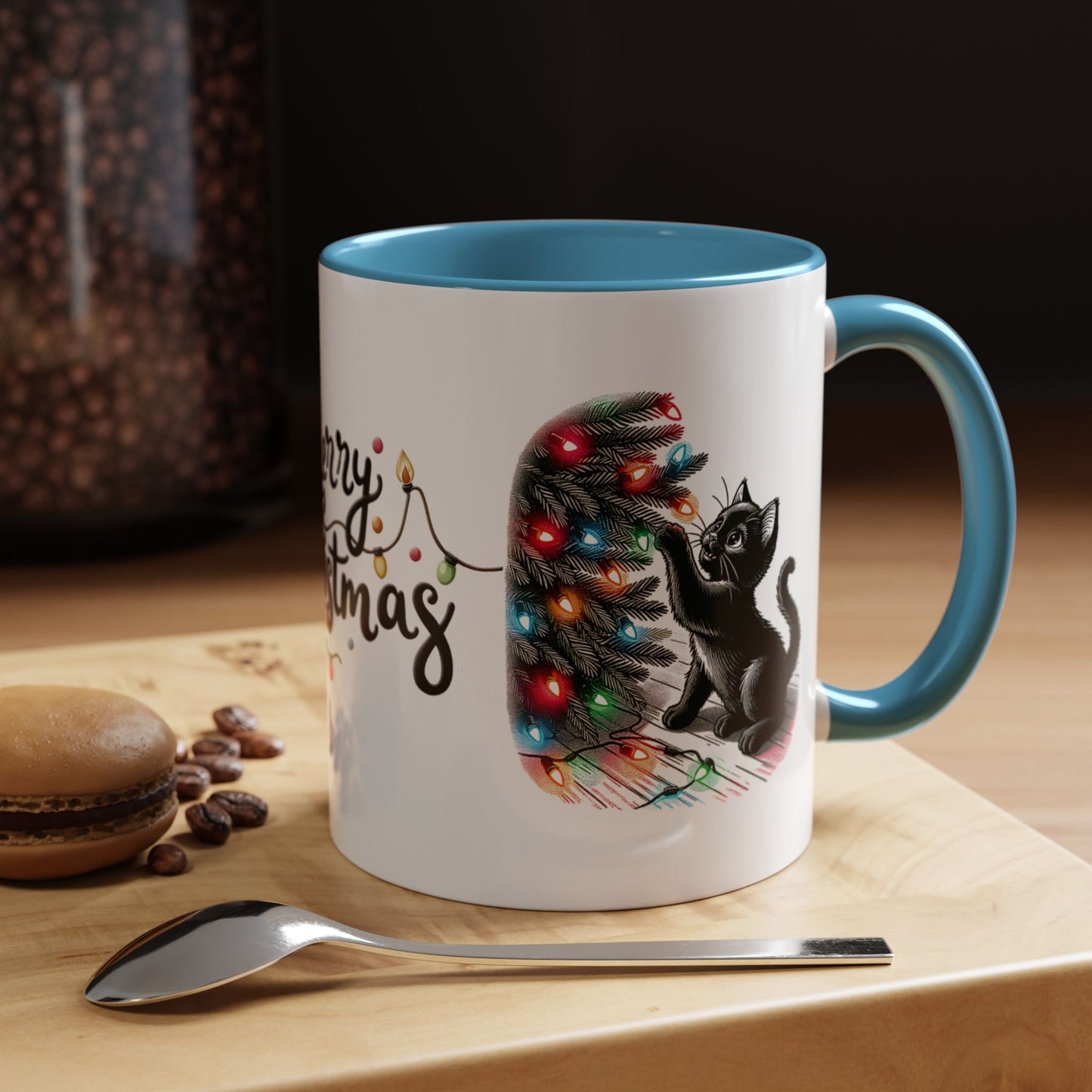 Merry Christmas Cat Mug – Cute Black Cat with Christmas Lights – Holiday Coffee Cup Gift for Cat Lovers