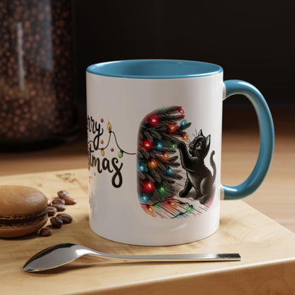 Merry Christmas Cat Mug – Cute Black Cat with Christmas Lights – Holiday Coffee Cup Gift for Cat Lovers