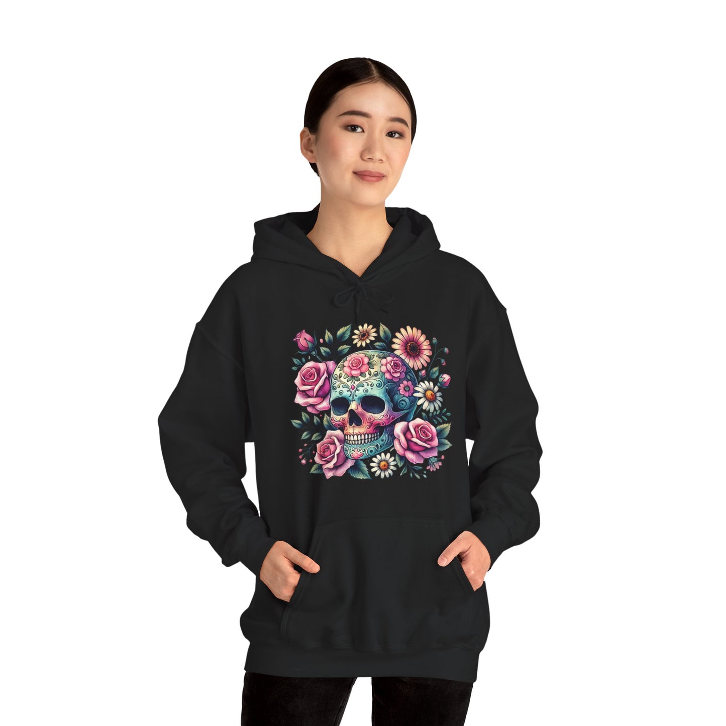 Floral Sugar Skull Hoodie — Day of the Dead Skull & Roses Pullover