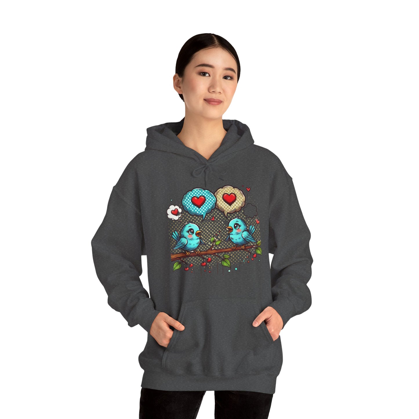 Birds on a Branch Hoodie — Cute Blue Lovebirds with Heart Speech Bubbles