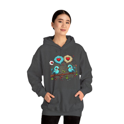 Birds on a Branch Hoodie — Cute Blue Lovebirds with Heart Speech Bubbles