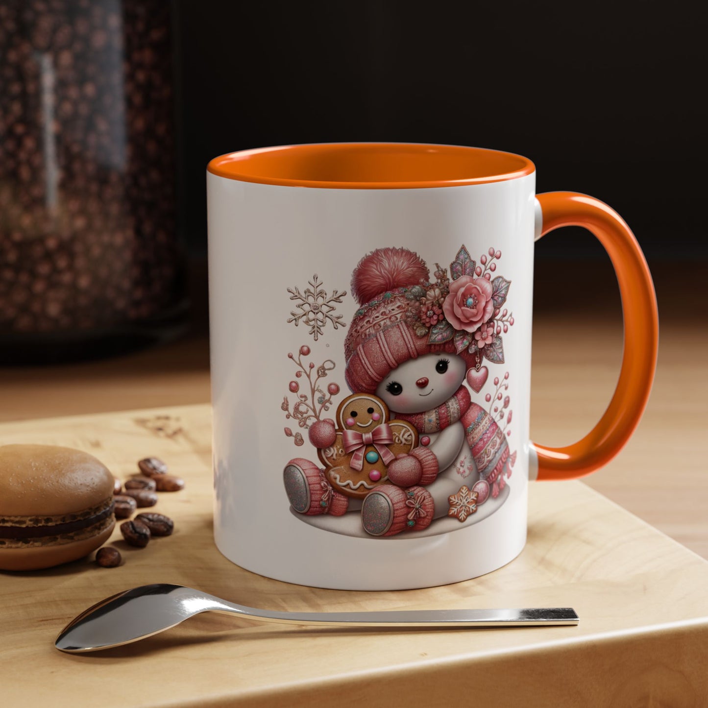 Cute Pink Snowman Coffee Mug — Holiday Winter Gingerbread Design (11/15oz)