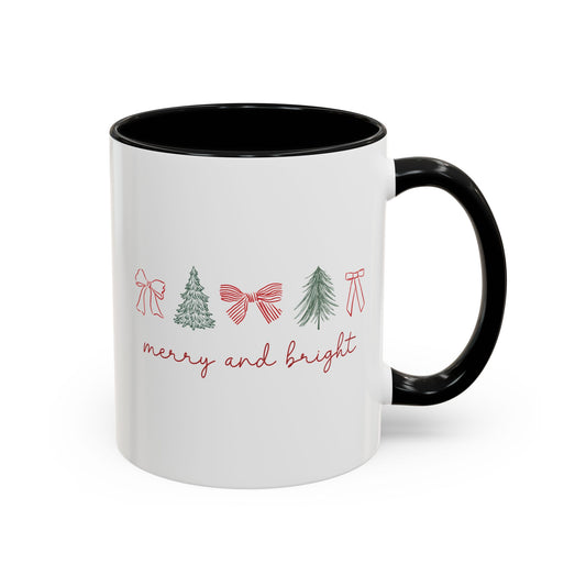 Merry and Bright Accent Coffee Mug — Holiday Christmas Tree & Bow Design (11/15 oz)