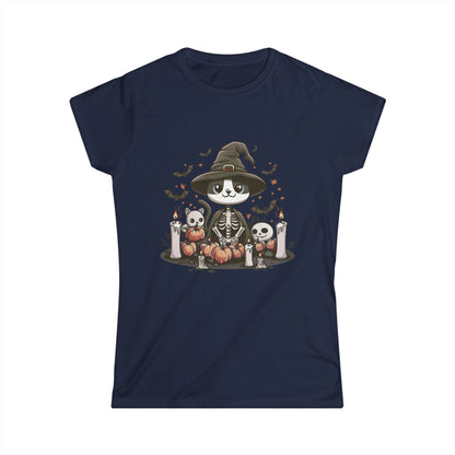 Halloween Witch Cat T-Shirt – Cute Skeleton Cat with Pumpkins & Candles