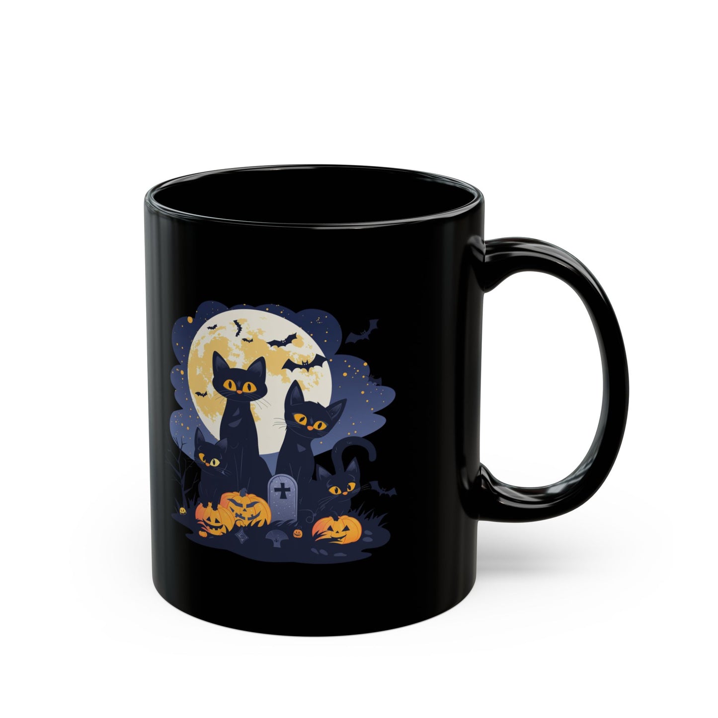 Halloween Black Cat Mug – Spooky Cats with Pumpkins & Full Moon Design