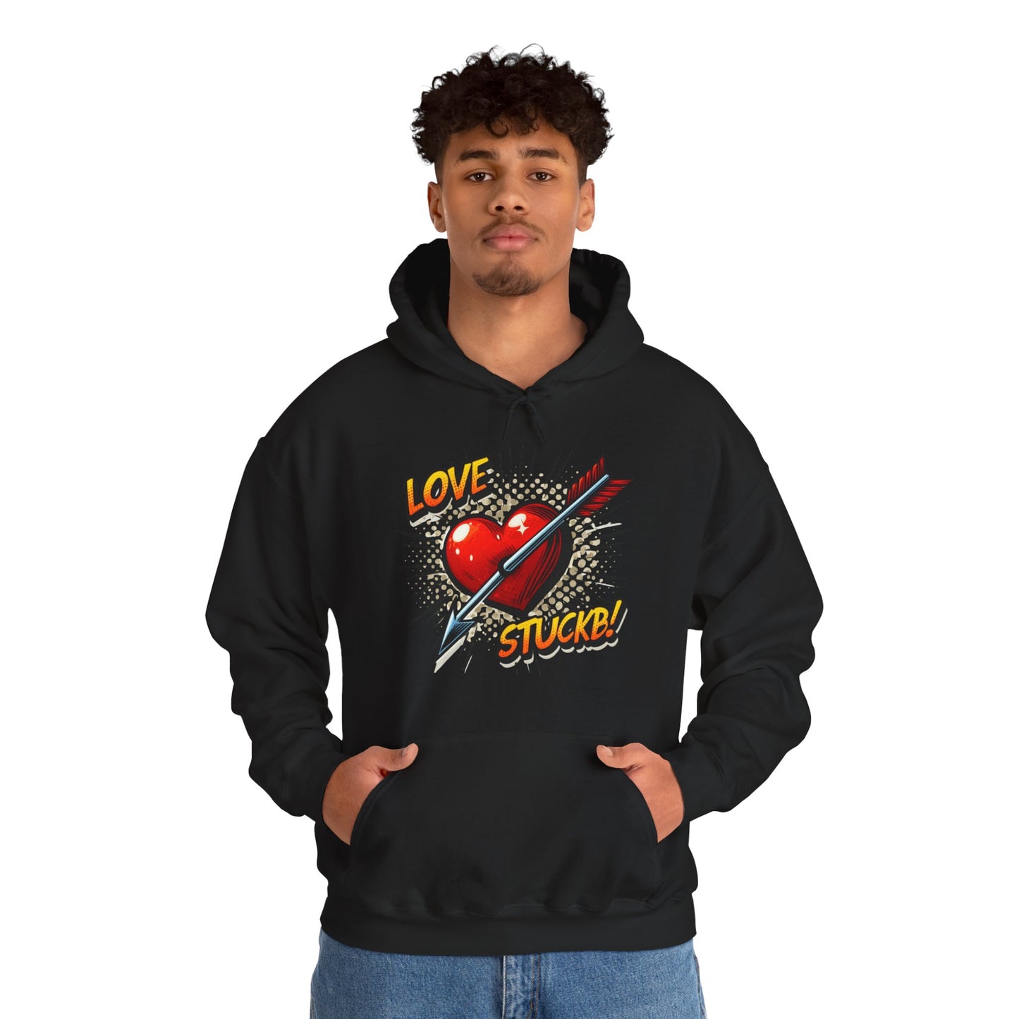Hoodie — 'Love Stuck!' Retro Heart & Arrow Graphic Hooded Sweatshirt