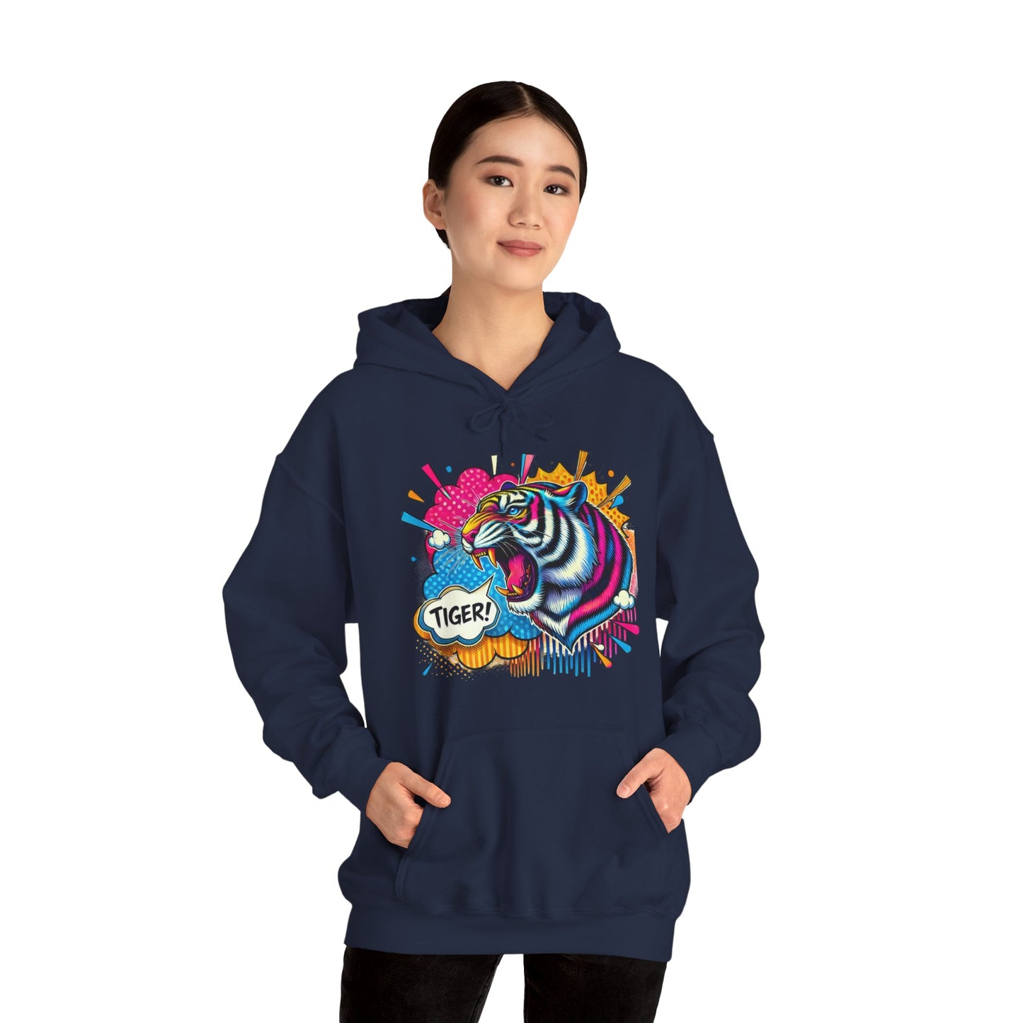 Colorful Pop Art Tiger Hoodie – "TIGER!" Graphic Pullover