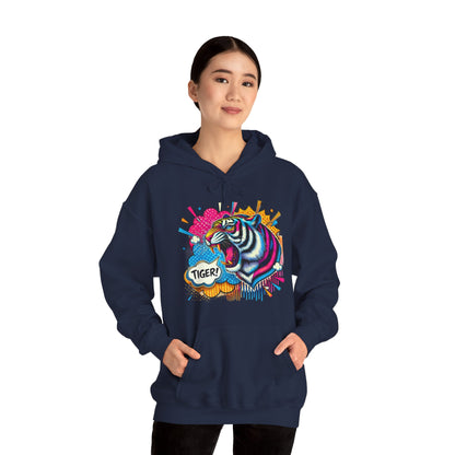 Colorful Pop Art Tiger Hoodie – "TIGER!" Graphic Pullover