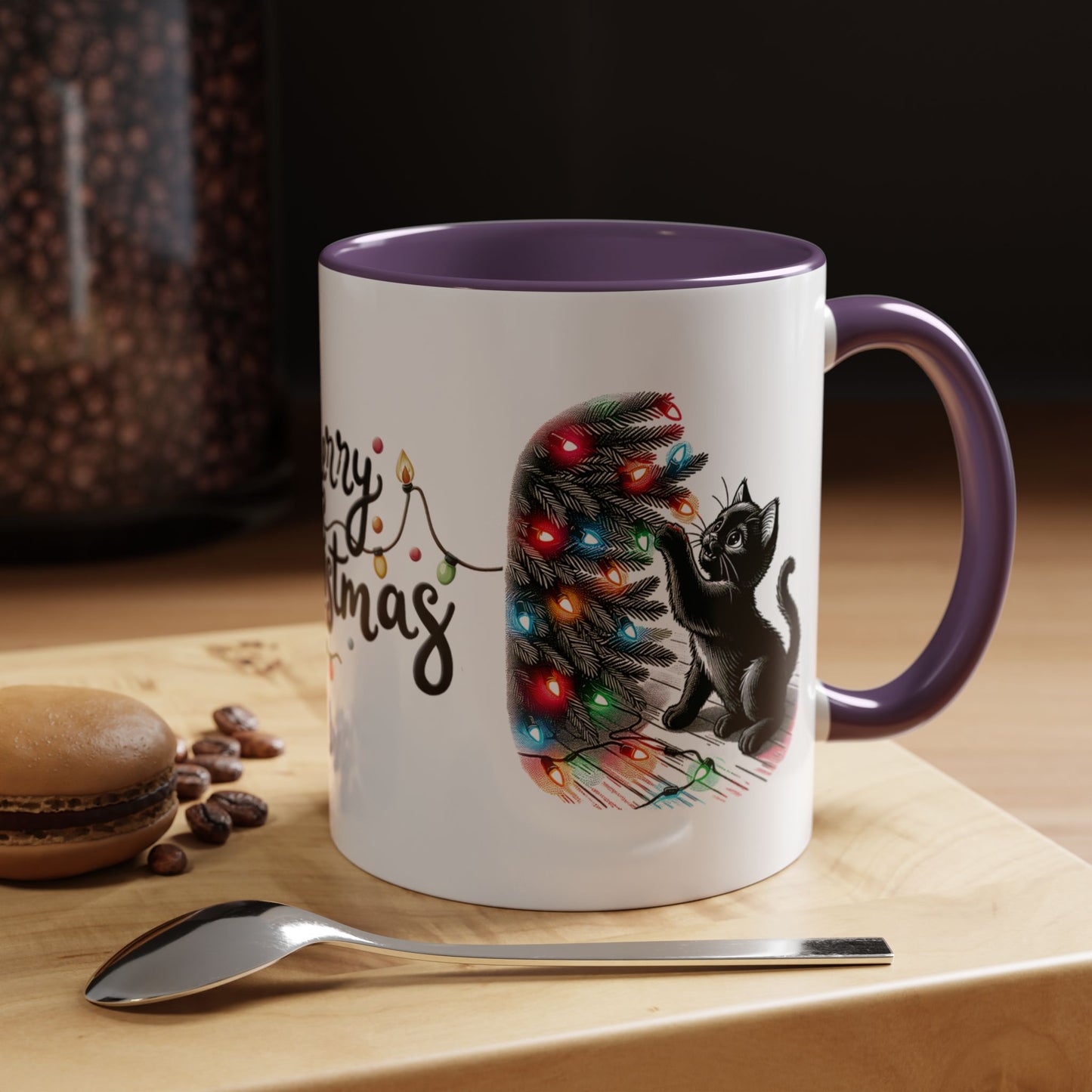 Merry Christmas Cat Mug – Cute Black Cat with Christmas Lights – Holiday Coffee Cup Gift for Cat Lovers