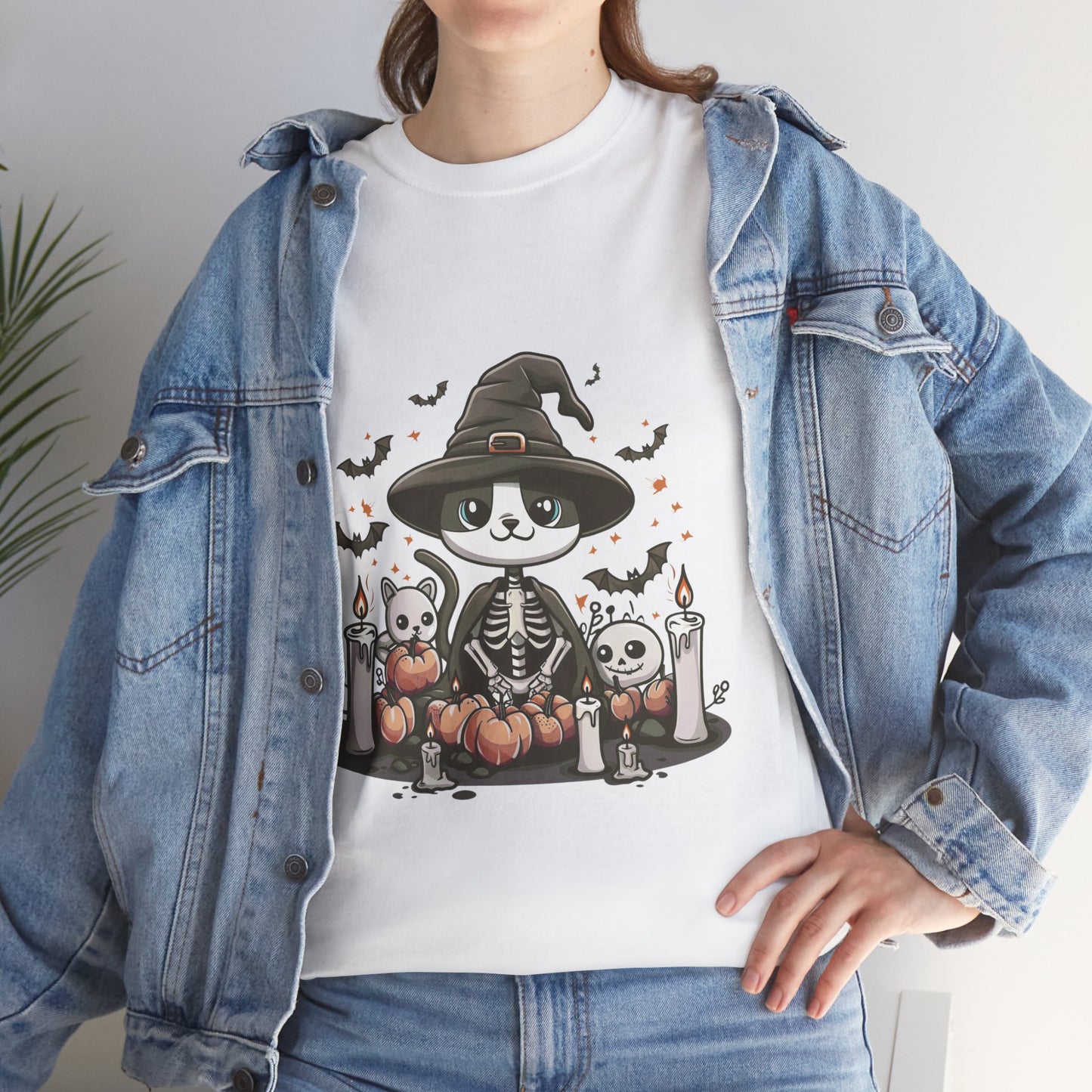 Halloween Witch Cat T-Shirt – Cute Skeleton Cat with Pumpkins & Candles