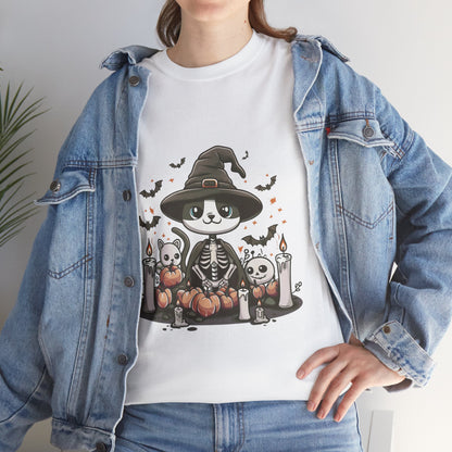 Halloween Witch Cat T-Shirt – Cute Skeleton Cat with Pumpkins & Candles