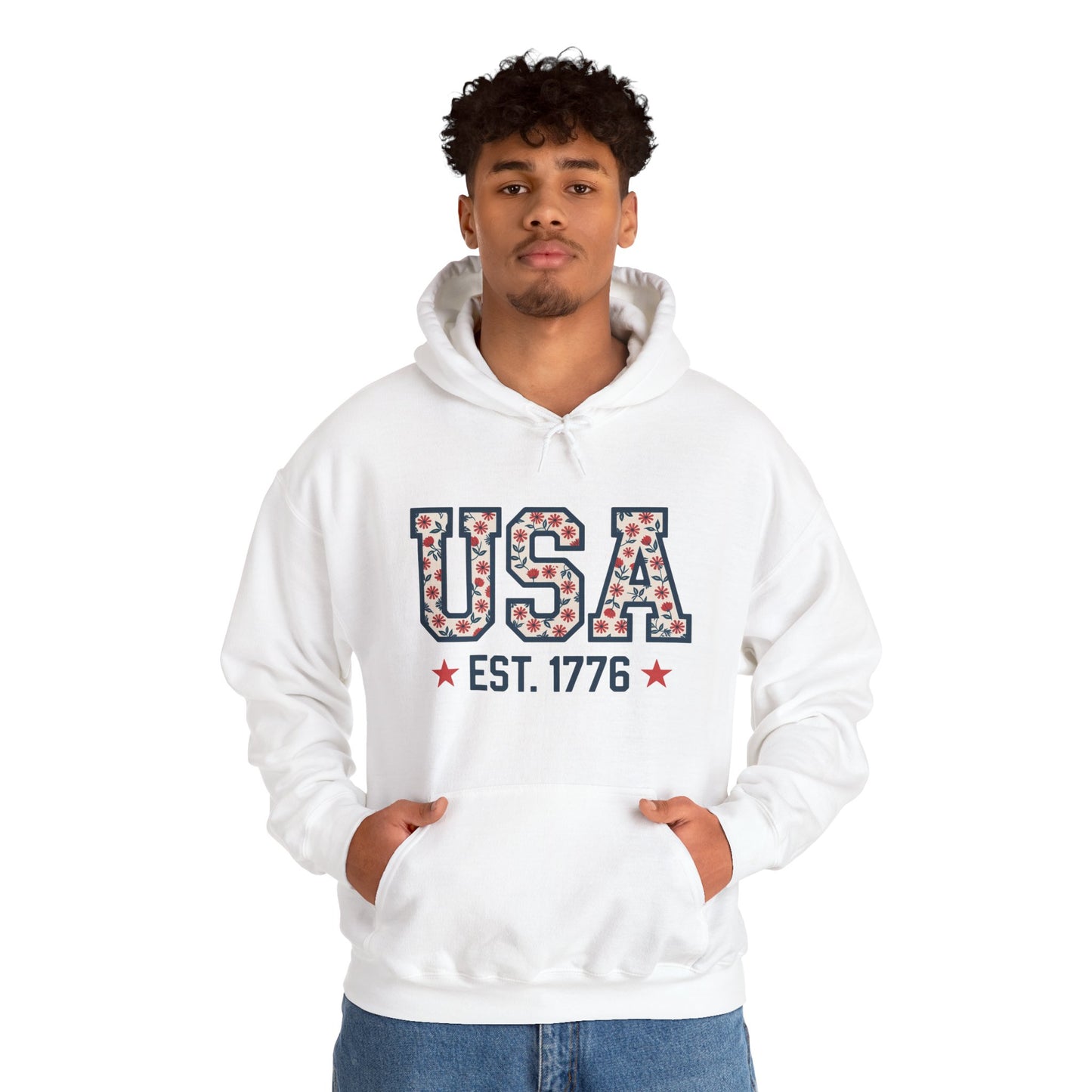 USA EST. 1776 Hoodie — Patriotic Floral American Heritage Sweatshirt