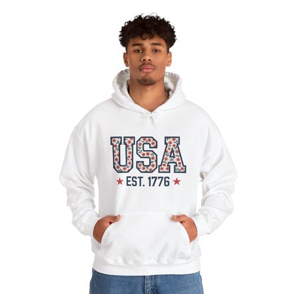 USA EST. 1776 Hoodie — Patriotic Floral American Heritage Sweatshirt
