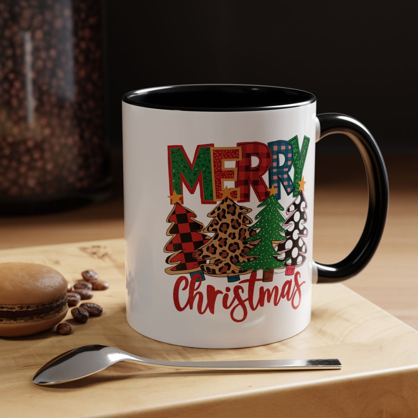 Merry Christmas Accent Coffee Mug — Festive Plaid, Leopard & Pine Tree Holiday Design