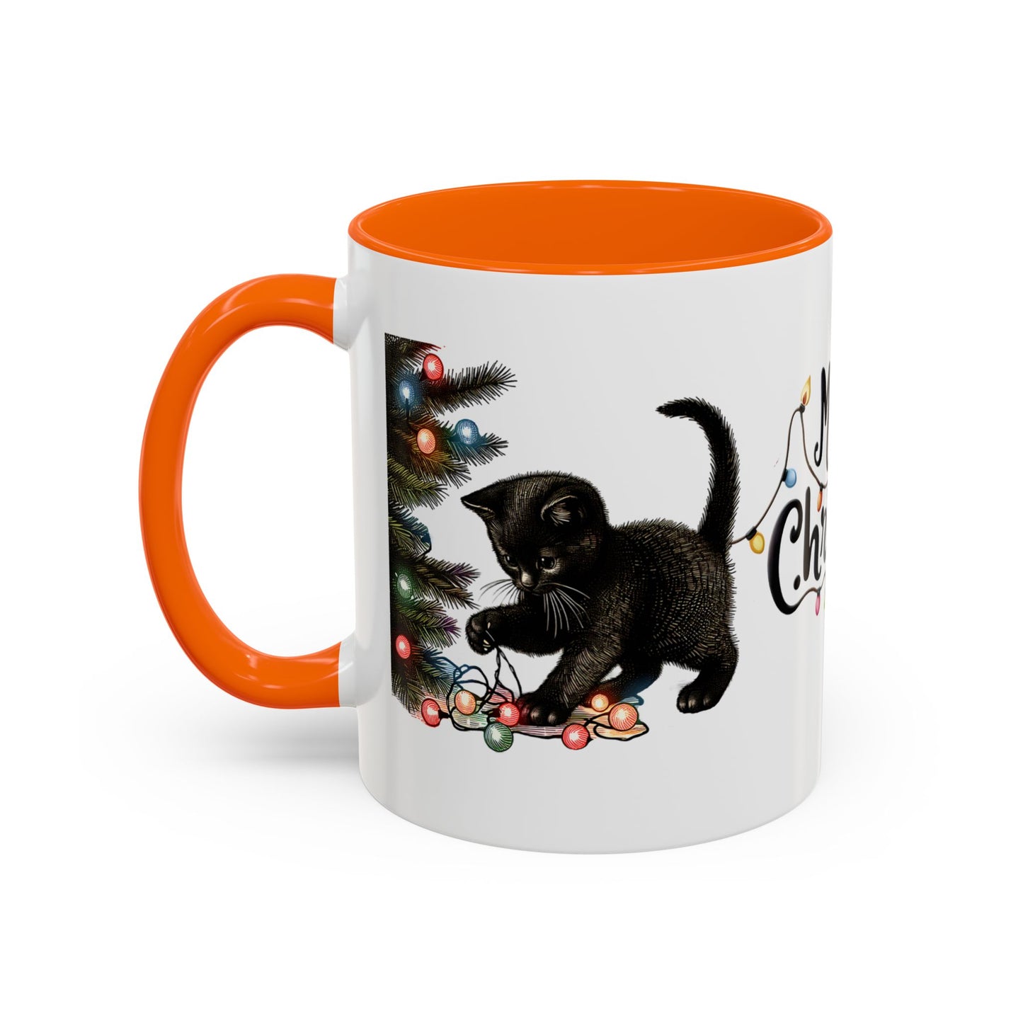 Merry Christmas Black Cat Mug – Cute Holiday Lights Cat Coffee Cup – Perfect Gift for Cat Lovers