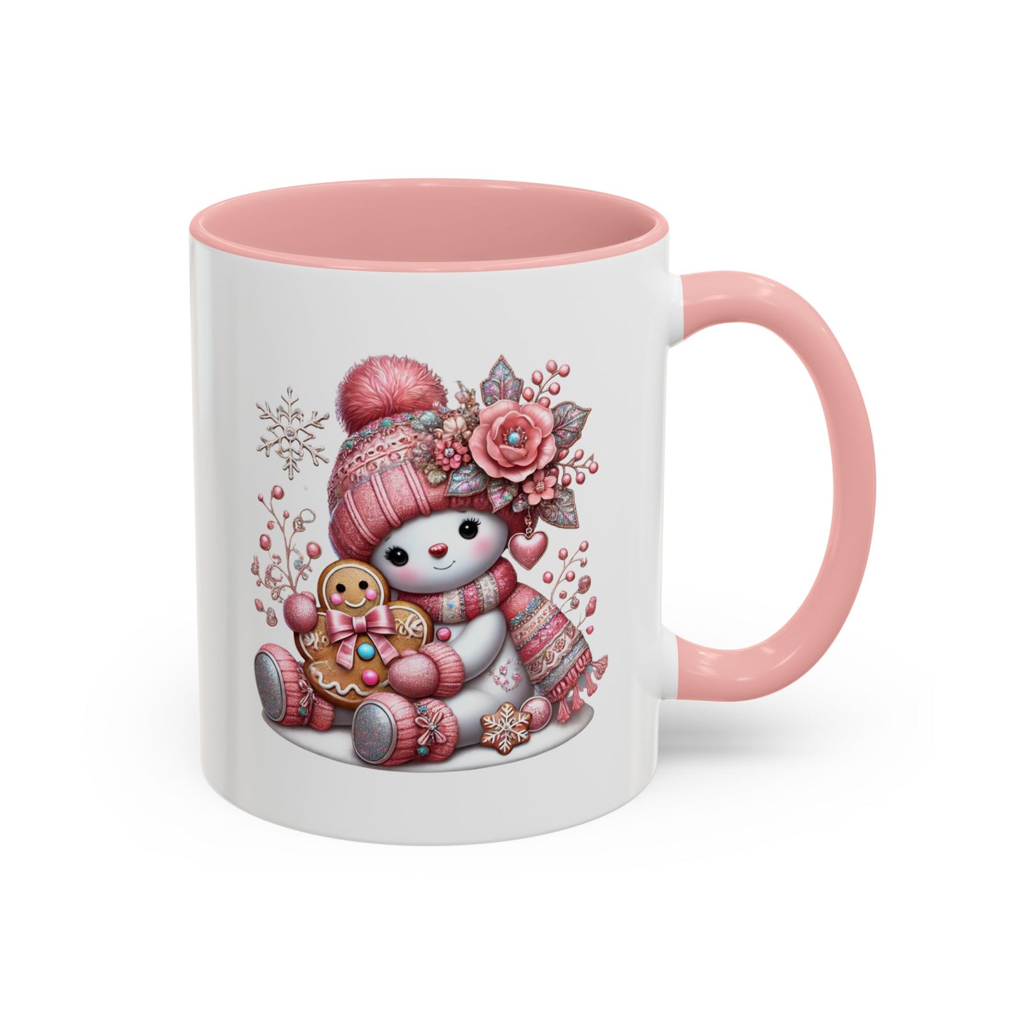 Cute Pink Snowman Coffee Mug — Holiday Winter Gingerbread Design (11/15oz)