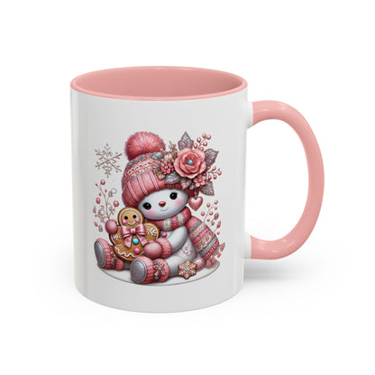 Cute Pink Snowman Coffee Mug — Holiday Winter Gingerbread Design (11/15oz)