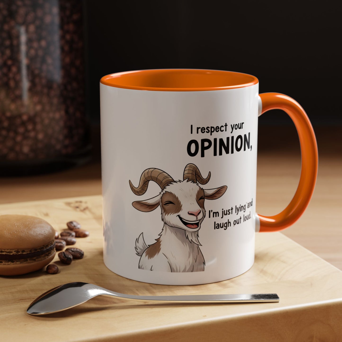 Funny Goat Coffee Mug – “I Respect Your Opinion, I’m Just Lying and Laugh Out Loud” Accent Mug