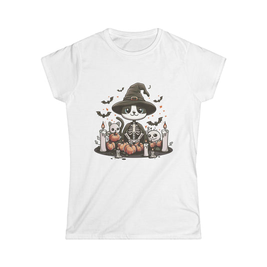 Halloween Witch Cat T-Shirt – Cute Skeleton Cat with Pumpkins & Candles
