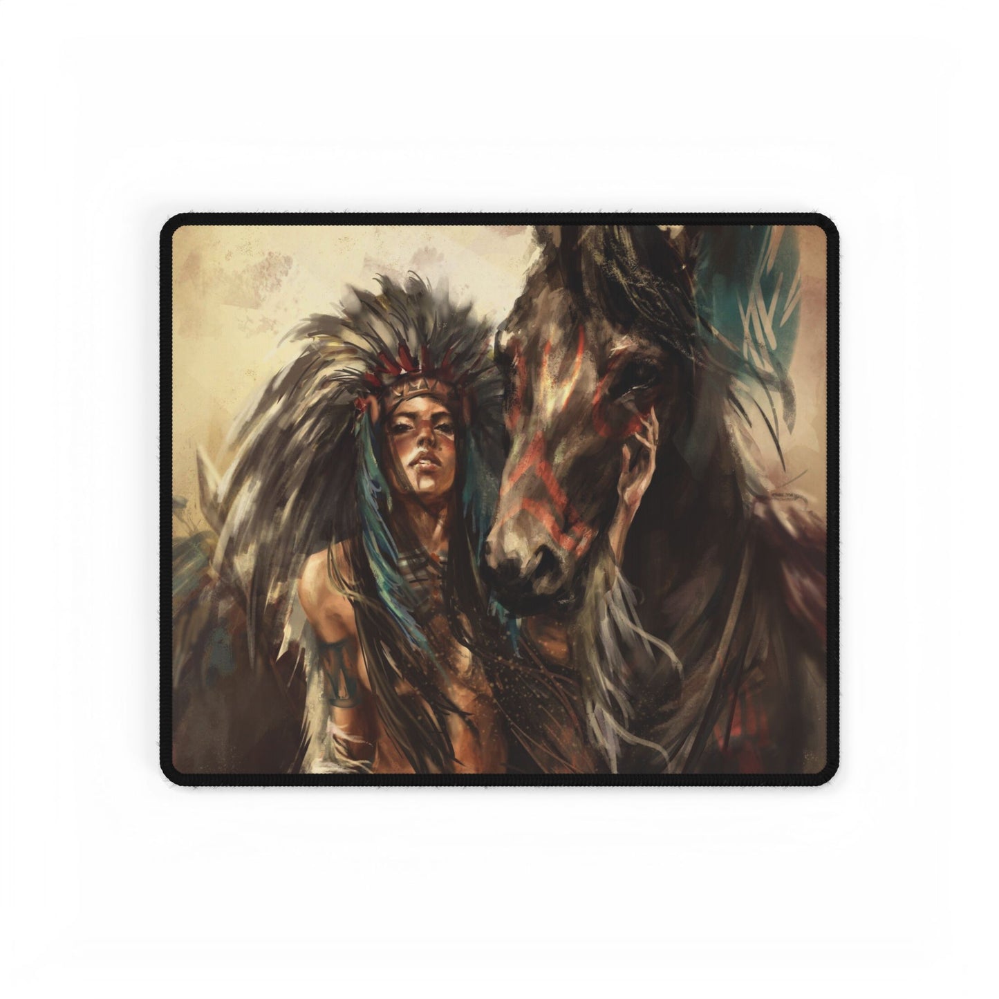 Native Spirit Horse Desk Mat — Bohemian Native American Warrior & Horse Gaming/Work Desk Pad