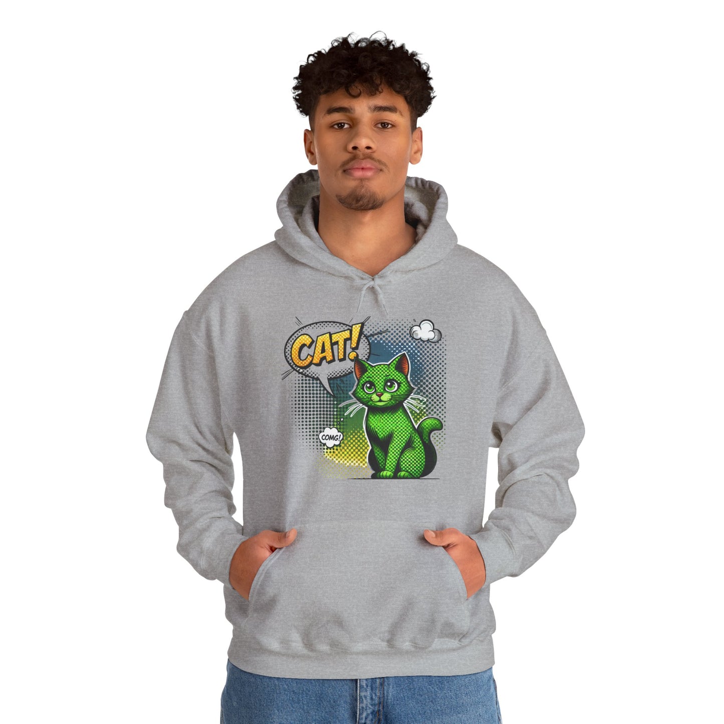 Green Comic Cat Hoodie — Retro Pop Art "CAT!" Graphic Sweatshirt