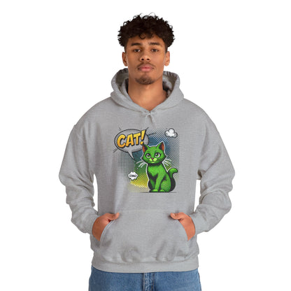 Green Comic Cat Hoodie — Retro Pop Art "CAT!" Graphic Sweatshirt