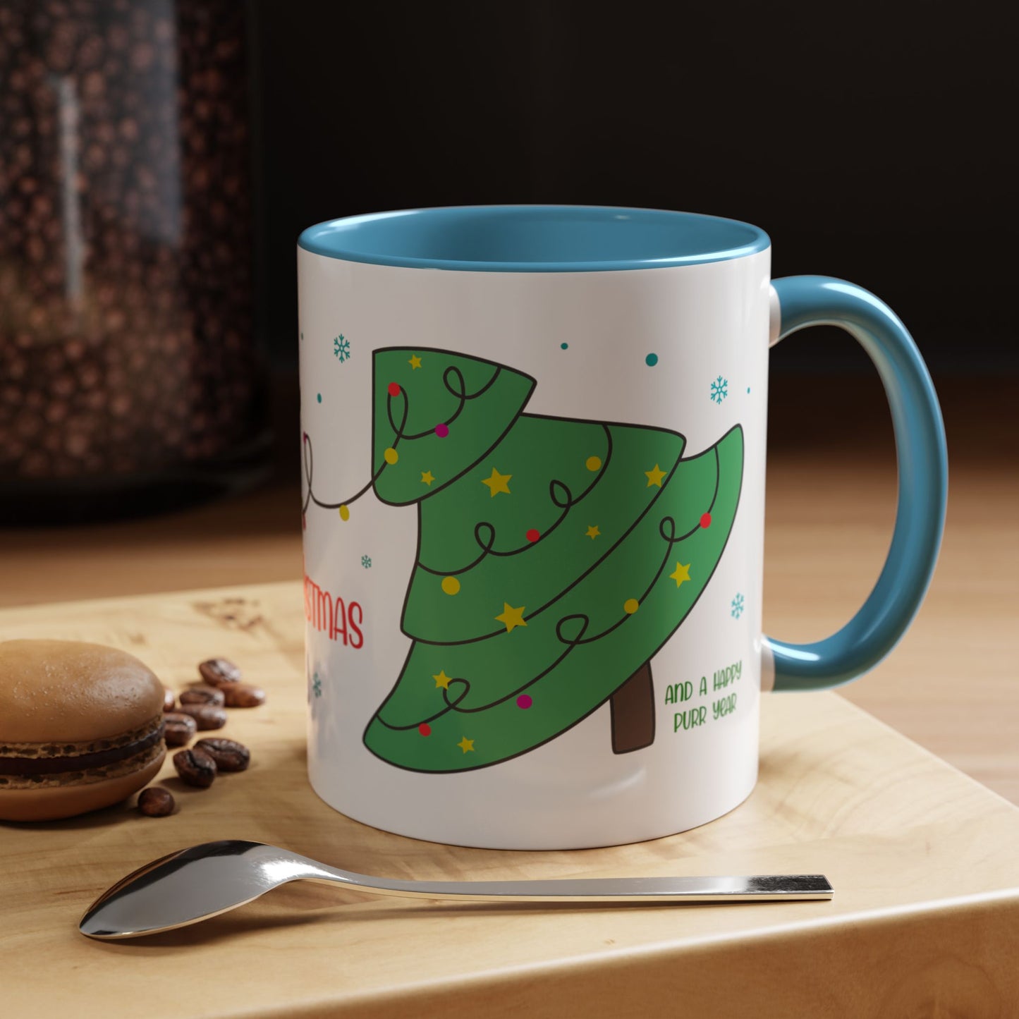Meowy Christmas Accent Coffee Mug — Cute Cat & Decorated Tree Holiday Mug (11/15oz)