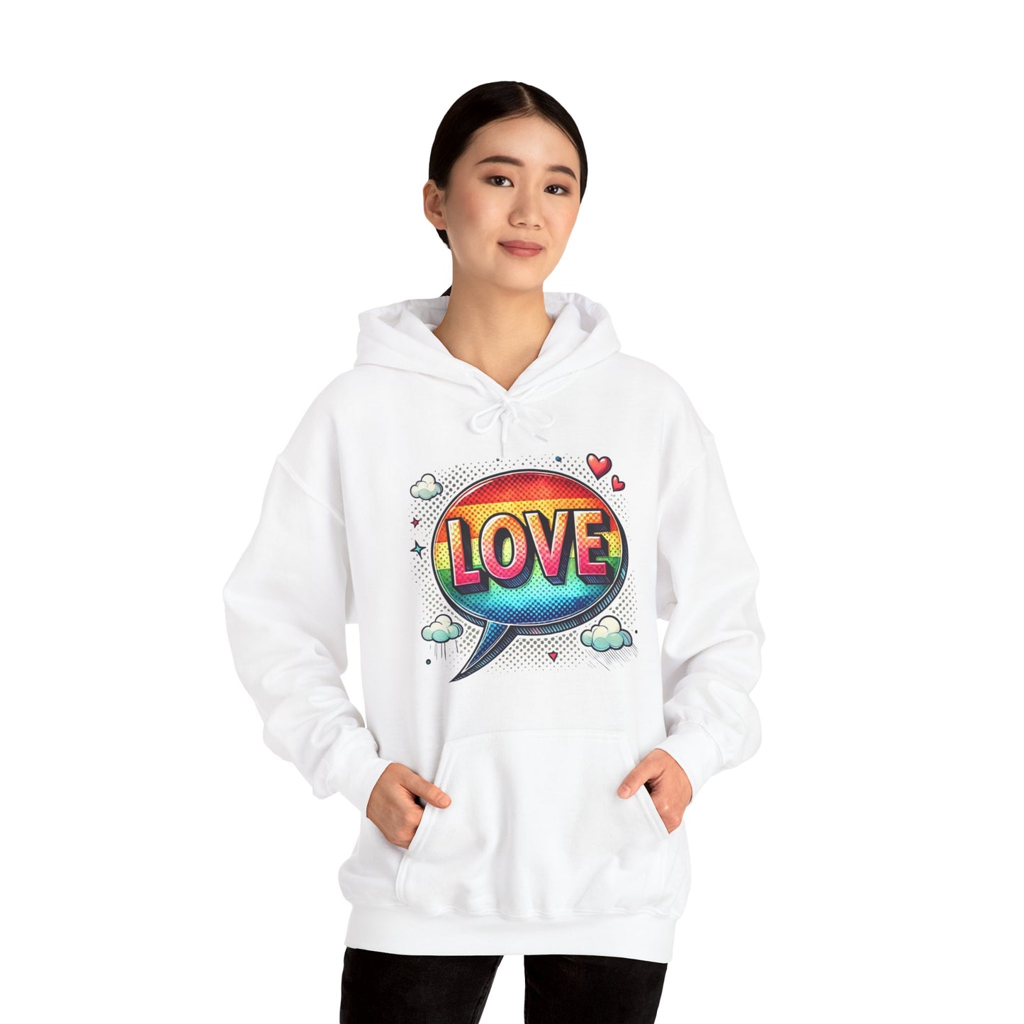 Love Speech Bubble Hoodie — Retro Rainbow Graphic Pullover