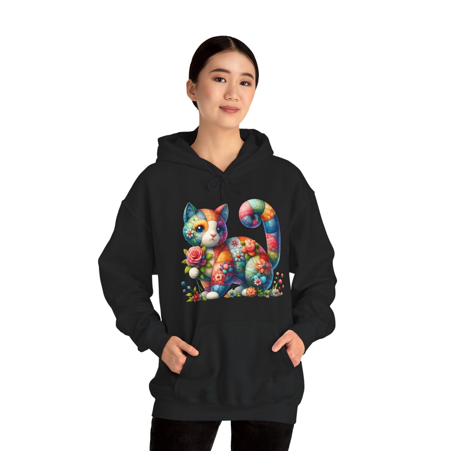 Colorful Floral Cat Hoodie – Vibrant Patchwork Kitty Sweatshirt