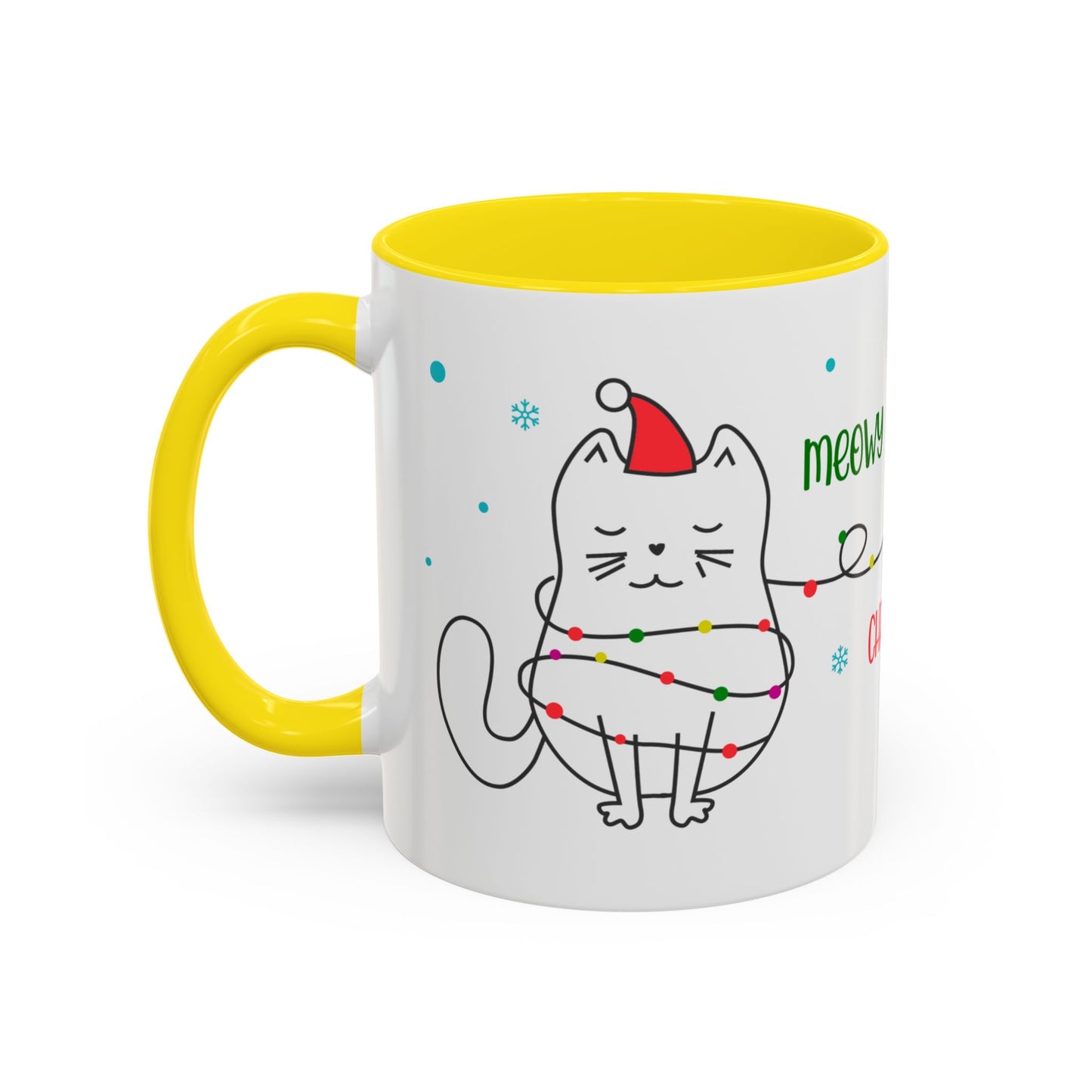 Meowy Christmas Accent Coffee Mug — Cute Cat & Decorated Tree Holiday Mug (11/15oz)