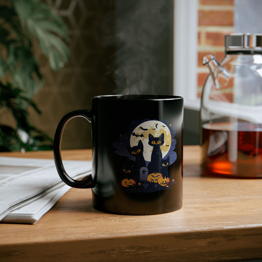 Halloween Black Cat Mug – Spooky Cats with Pumpkins & Full Moon Design