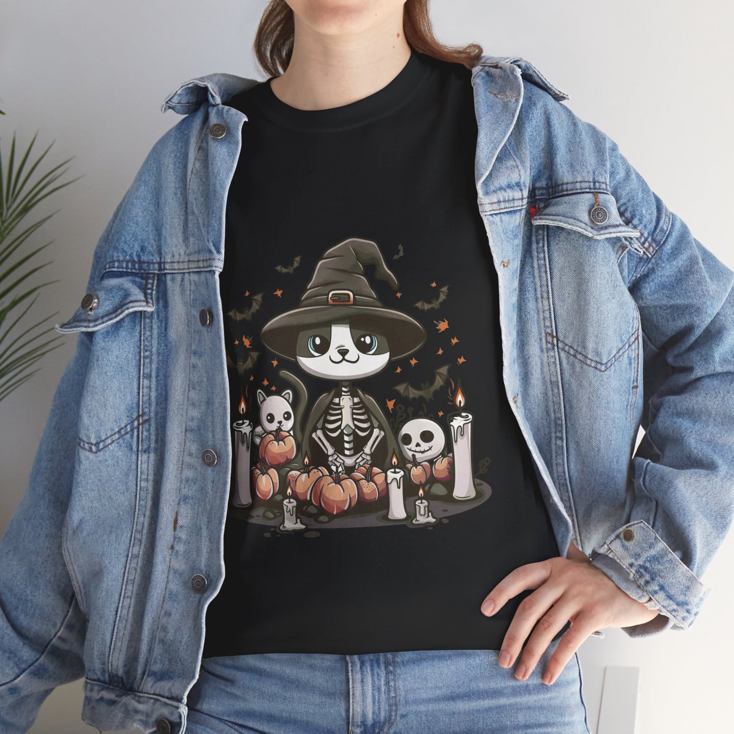 Halloween Witch Cat T-Shirt – Cute Skeleton Cat with Pumpkins & Candles