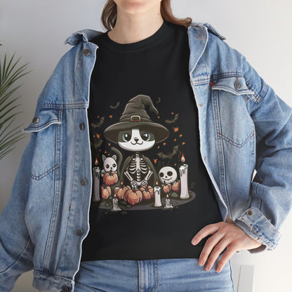 Halloween Witch Cat T-Shirt – Cute Skeleton Cat with Pumpkins & Candles