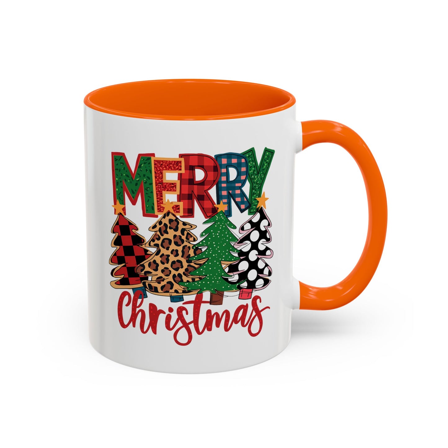 Merry Christmas Accent Coffee Mug — Festive Plaid, Leopard & Pine Tree Holiday Design
