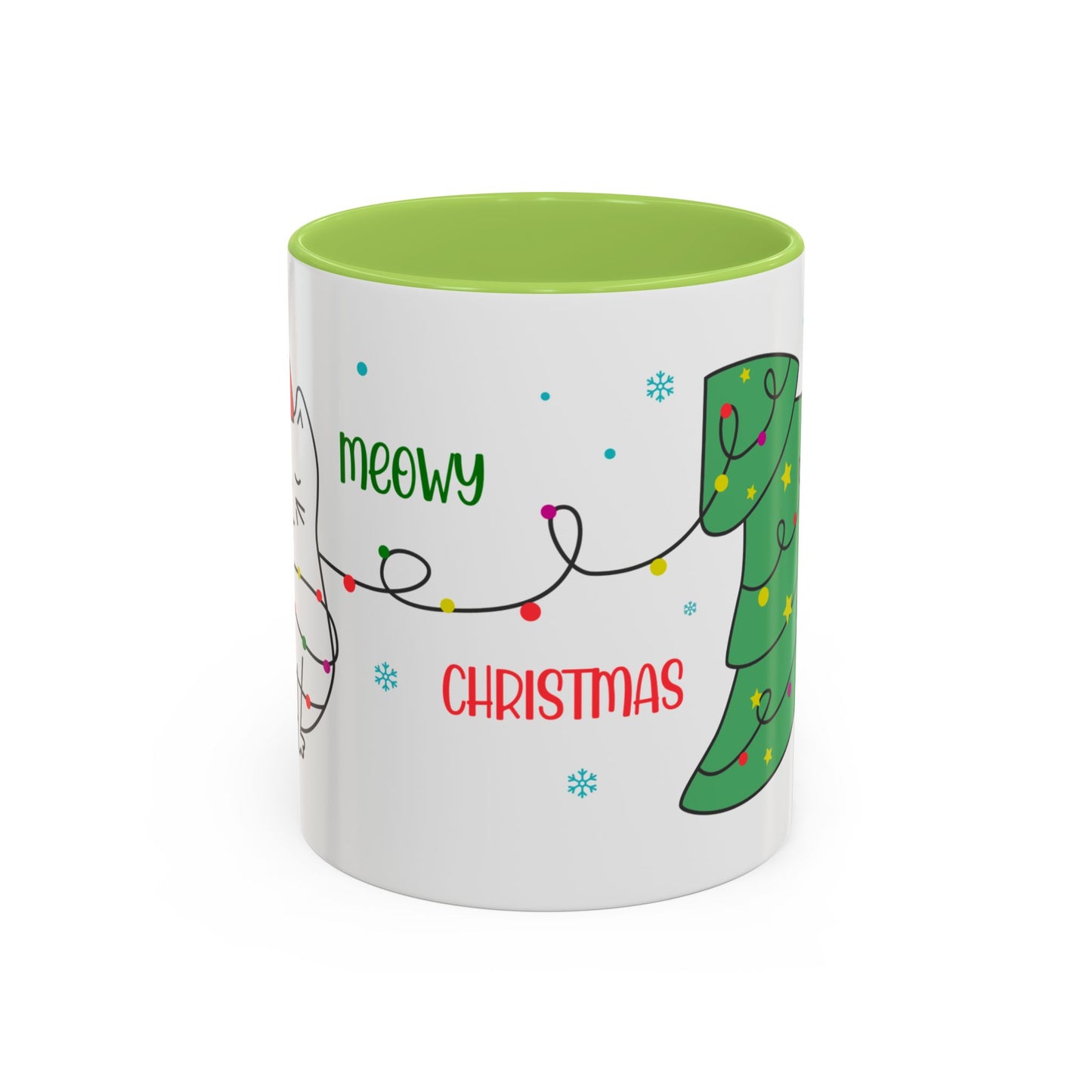 Meowy Christmas Accent Coffee Mug — Cute Cat & Decorated Tree Holiday Mug (11/15oz)