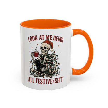 Funny Festive Skeleton Christmas Mug – Holiday Coffee Cup with Cat – Look at Me Being All Festive