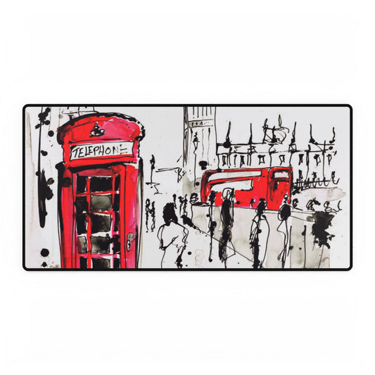 London Scene Desk Mat — Red Telephone Box & Bus Illustration Office Mouse Pad