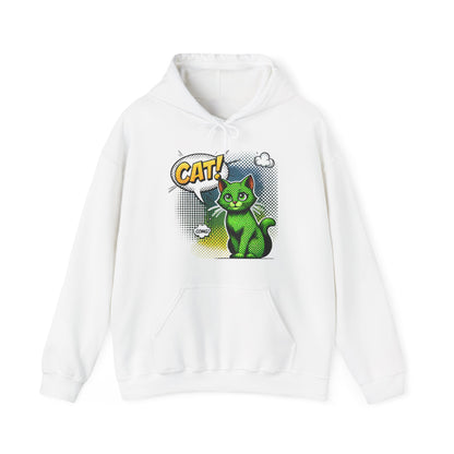 Green Comic Cat Hoodie — Retro Pop Art "CAT!" Graphic Sweatshirt