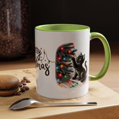 Merry Christmas Cat Mug – Cute Black Cat with Christmas Lights – Holiday Coffee Cup Gift for Cat Lovers