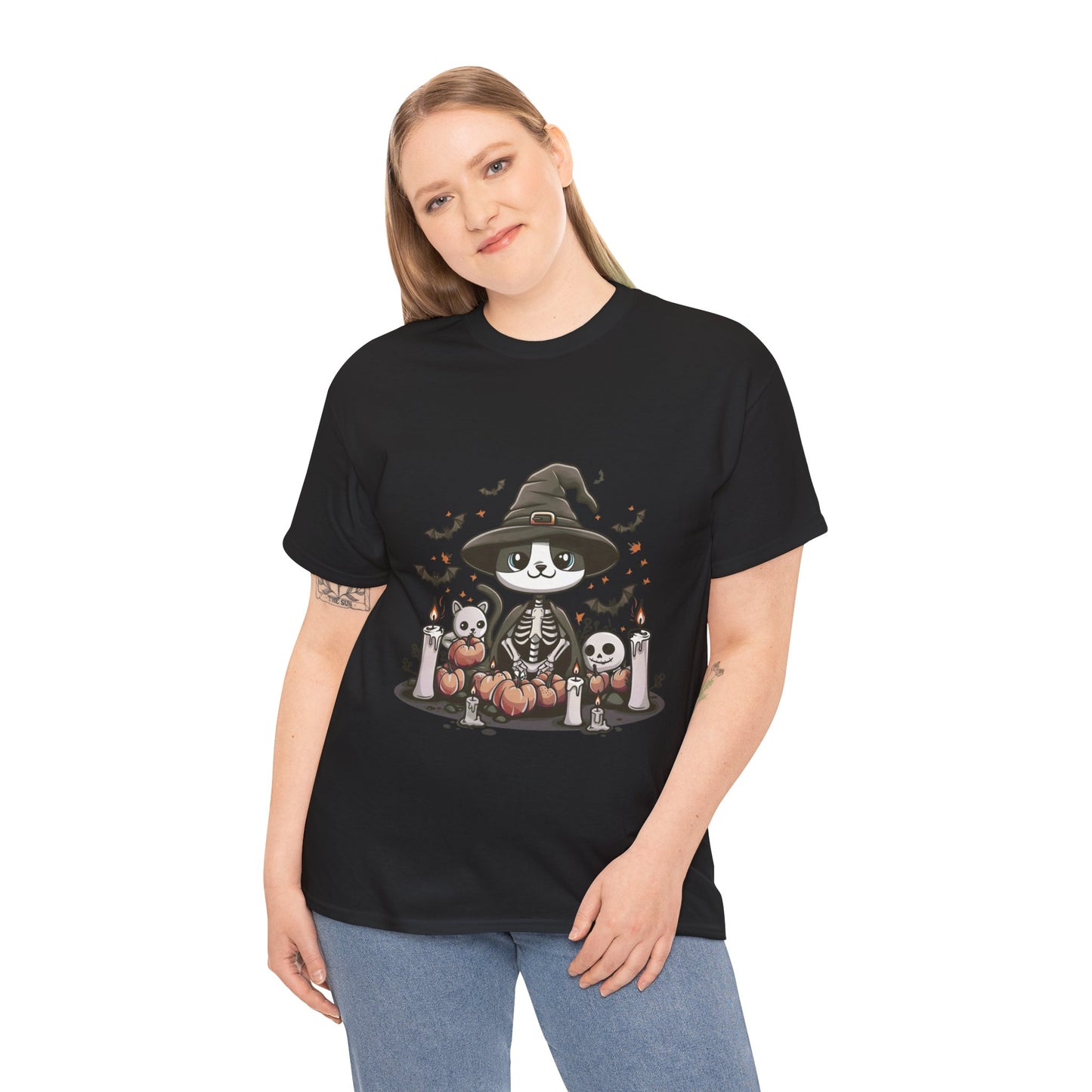 Halloween Witch Cat T-Shirt – Cute Skeleton Cat with Pumpkins & Candles