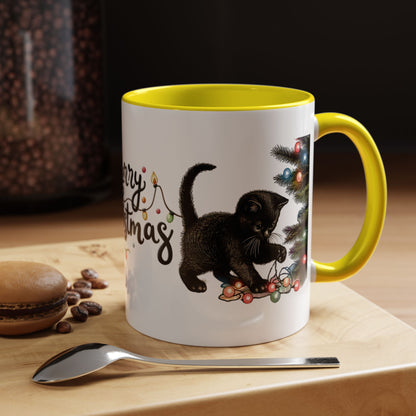 Merry Christmas Black Cat Mug – Cute Holiday Lights Cat Coffee Cup – Perfect Gift for Cat Lovers
