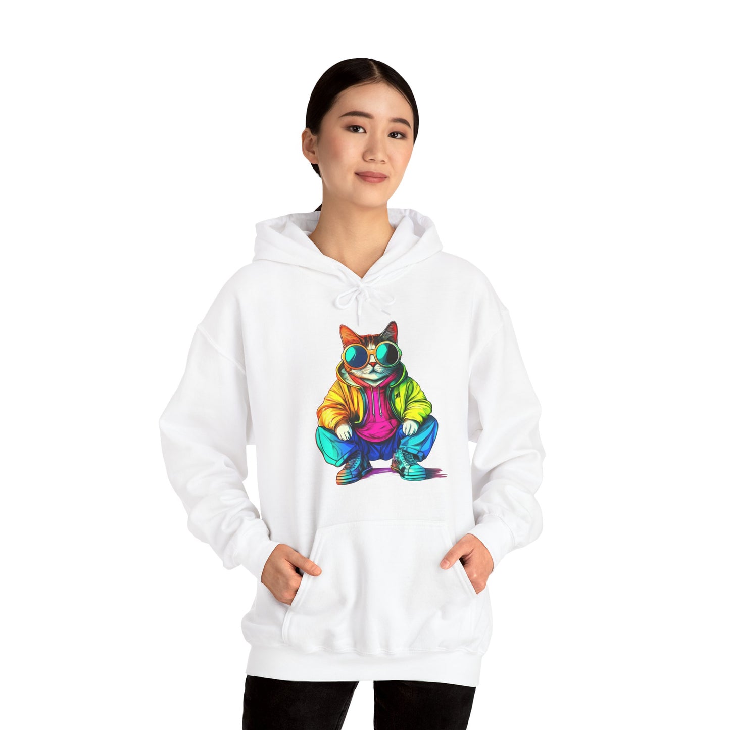 Colorful Retro Cat Hoodie — Vibrant Sunglasses Cat Pullover