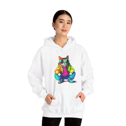 Colorful Retro Cat Hoodie — Vibrant Sunglasses Cat Pullover