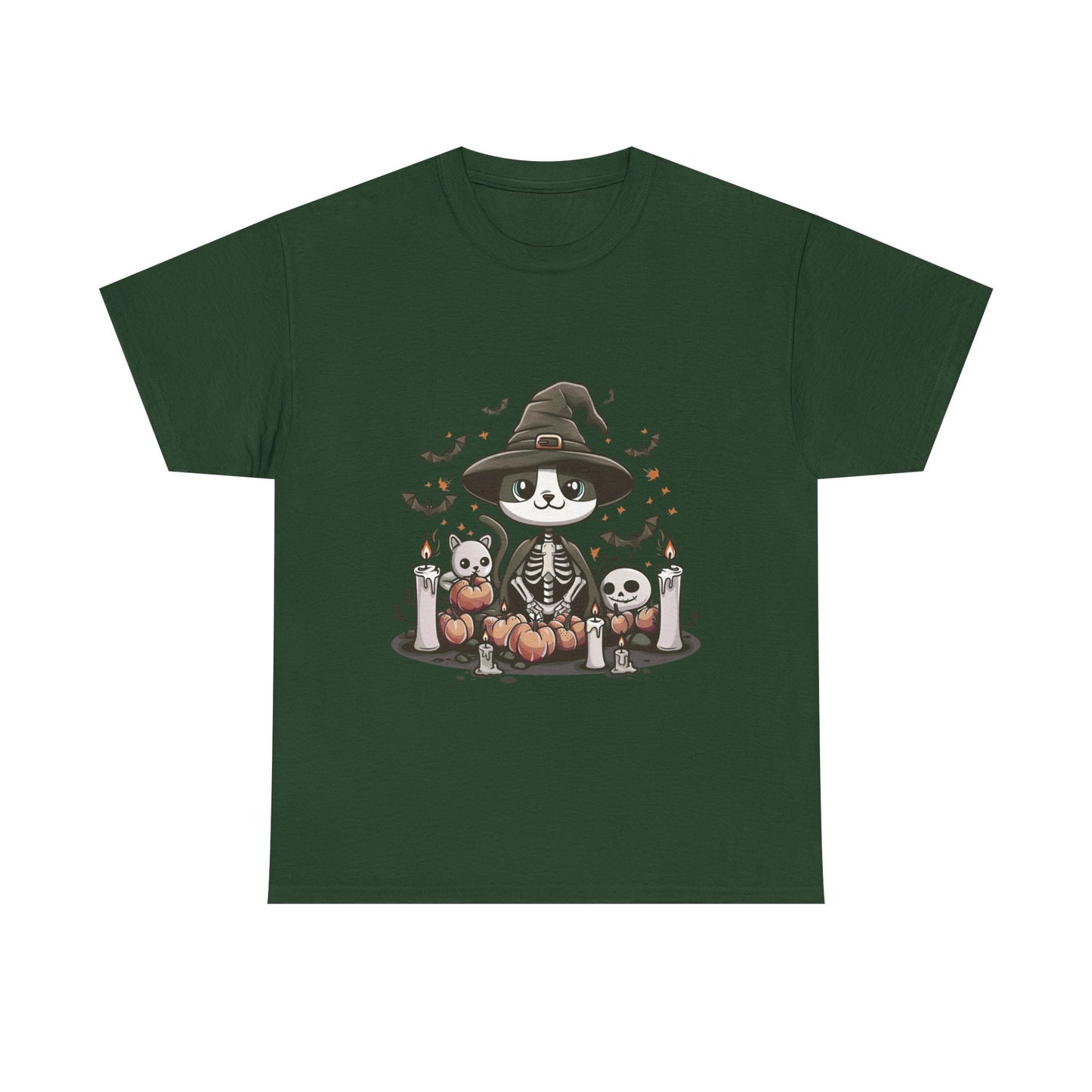 Halloween Witch Cat T-Shirt – Cute Skeleton Cat with Pumpkins & Candles