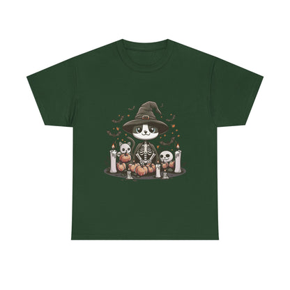 Halloween Witch Cat T-Shirt – Cute Skeleton Cat with Pumpkins & Candles