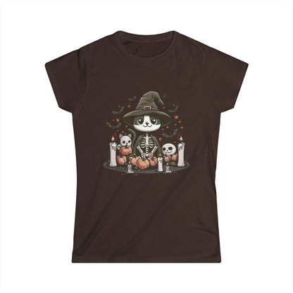 Halloween Witch Cat T-Shirt – Cute Skeleton Cat with Pumpkins & Candles