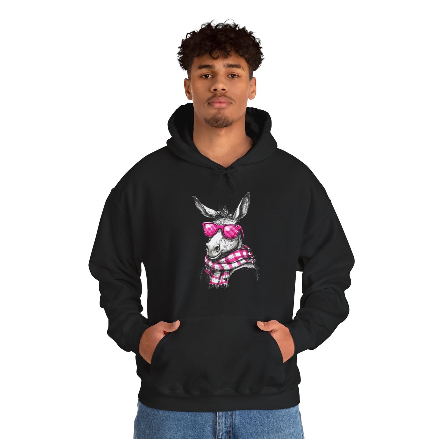 Cool Donkey Hoodie with Pink Glasses & Plaid Scarf — Cute Animal Graphic Sweatshirt