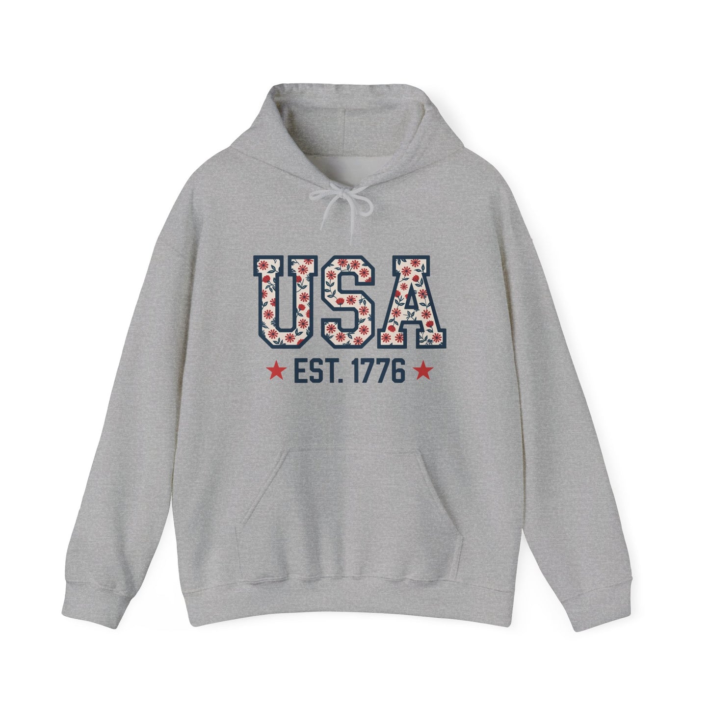 USA EST. 1776 Hoodie — Patriotic Floral American Heritage Sweatshirt